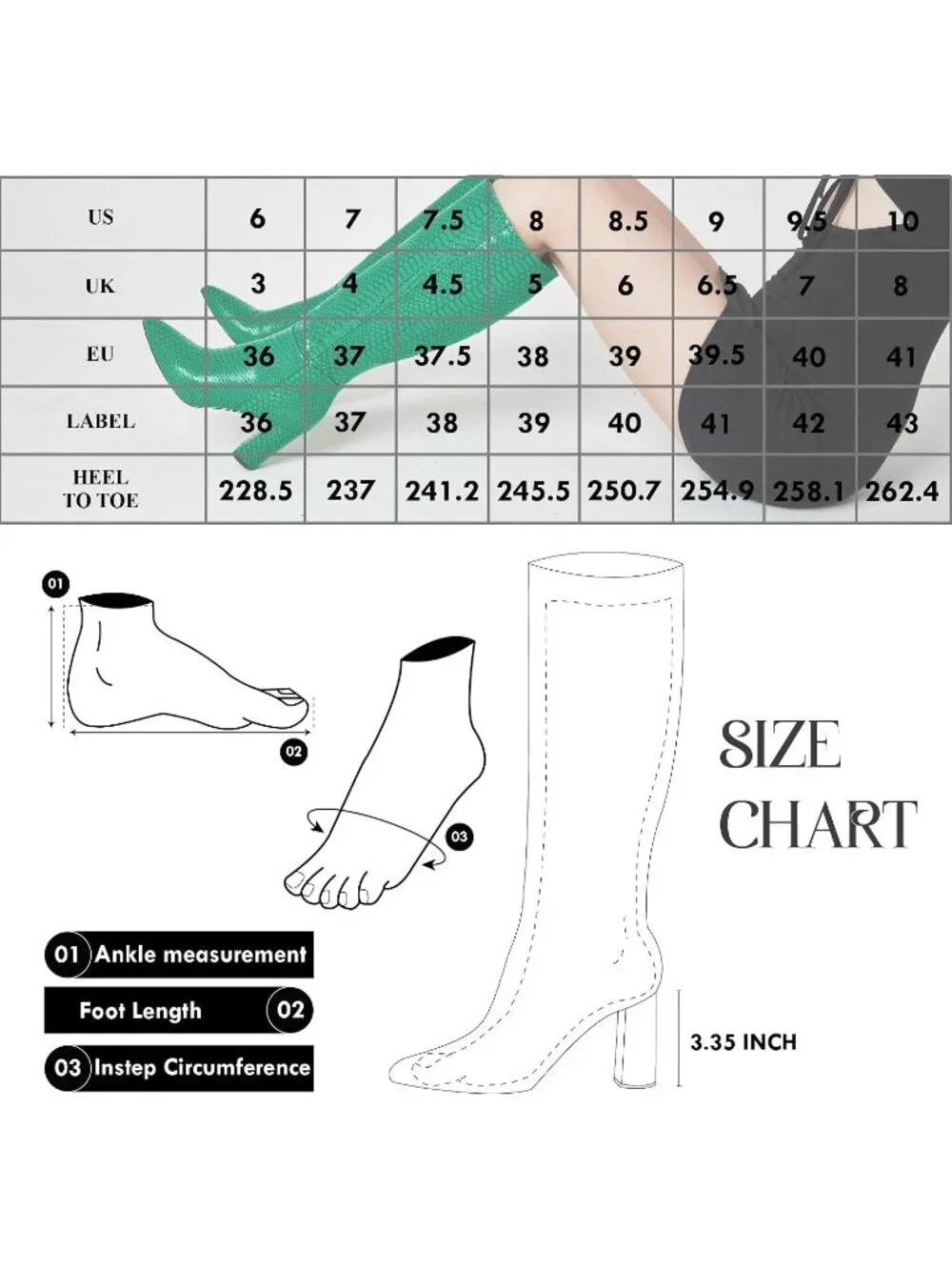 Women's Green Chunky Heel Pointed Toe Wide Calf Side Zipper Knee High Boots